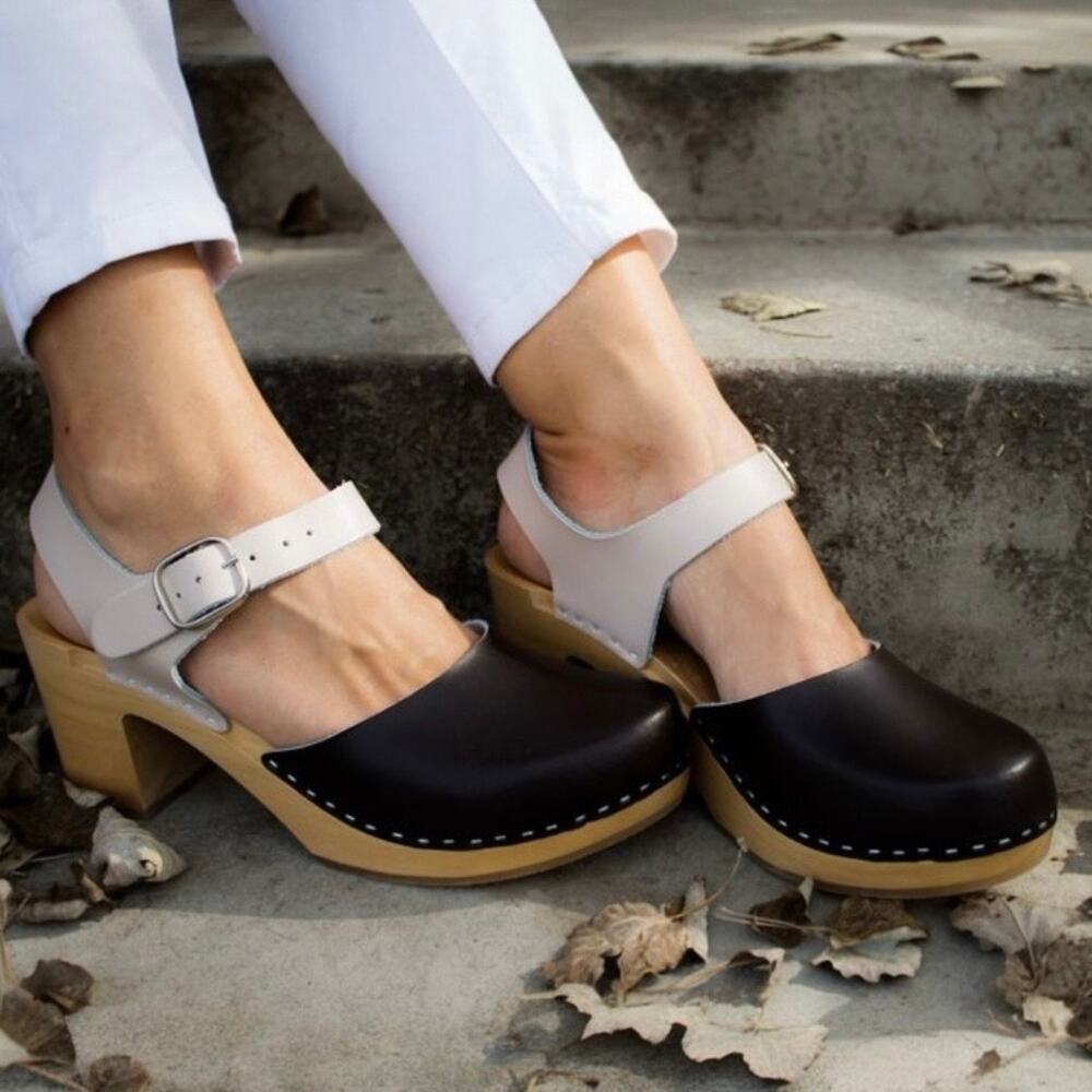 Authentic Swedish Leather Wooden Base Clogs